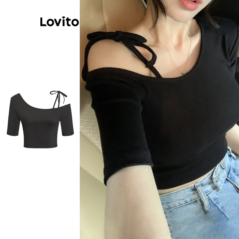 Lovito เสื้อยืดลูกไม้ธรรมดาลำลองสำหรับผู้หญิง L100MD156