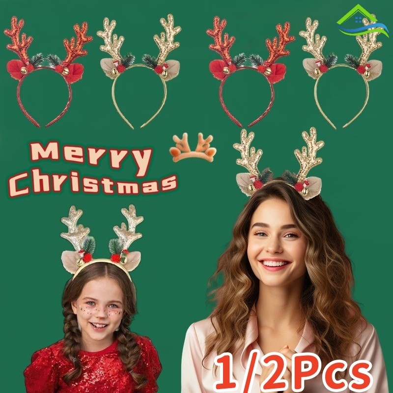 1/2 ชิ้นผู้ใหญ่เด็ก Xmas Party Dress Up ที่คาดผม-เลื่อม Reindeer Antlers หูสาวผม Hoop- Merry Christmas Photo Props ผม Band