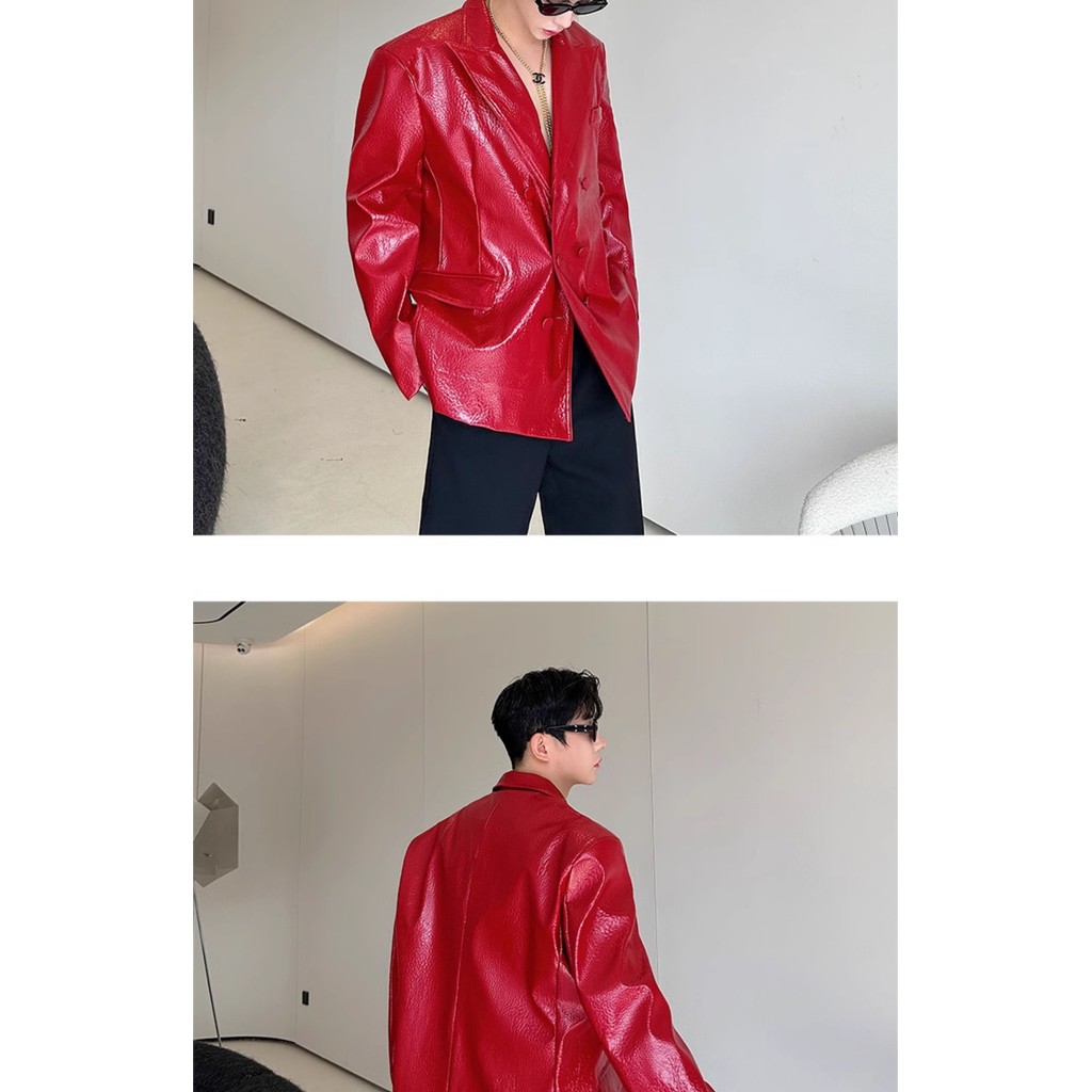 Niche แฟชั่นหนังจระเข้เนื้อไหล่แผ่นหนังเงาสีแดง Slim-fit หล่อเสื้อสูทหนังชายนักร้องเสื้อผ้าประสิทธิภาพ ราคา ถูกที่สุด ดีลบีเคเค แกลเลอรีภาพที่ 7