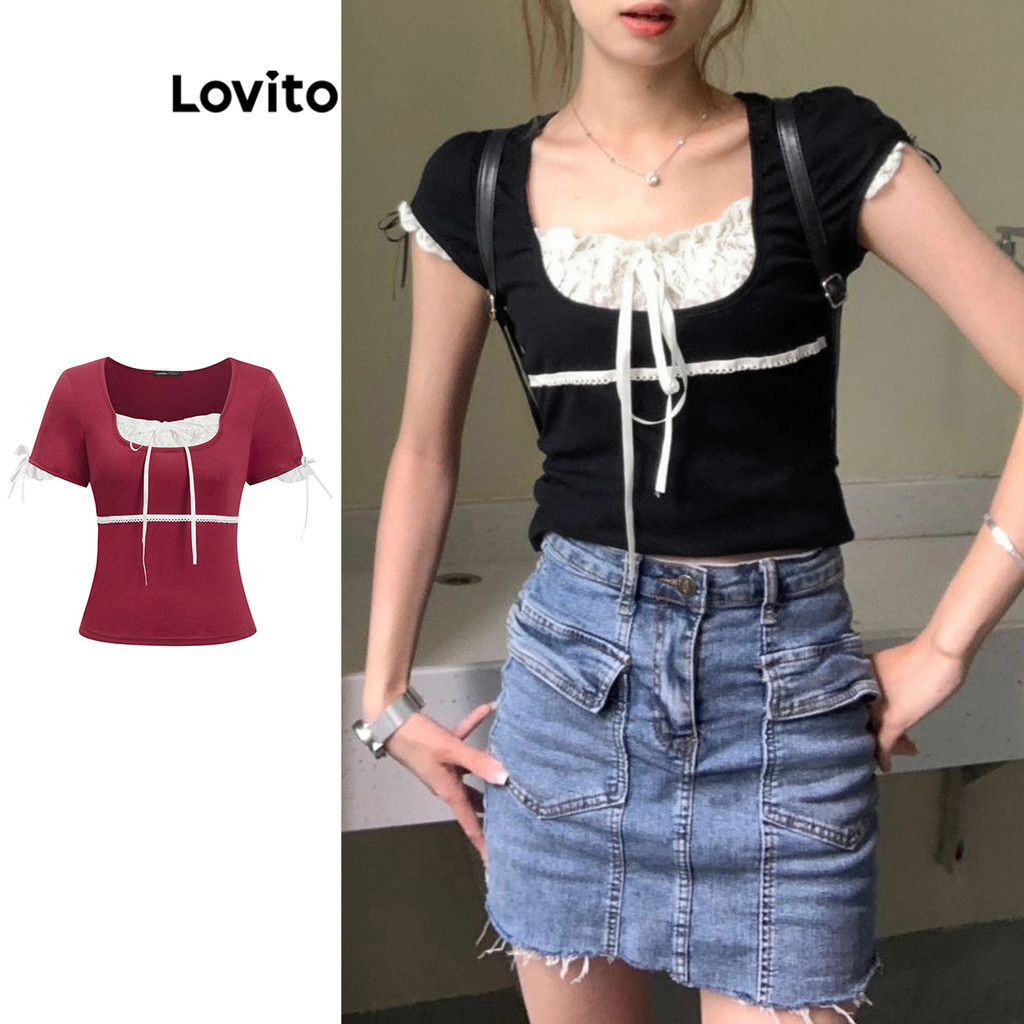Lovito เสื้อยืดผู้หญิง เย็บหลอกสองชิ้น แต่งผ้าลูกไม้ สไตล์ลำลอง LNE36067 (สีดำและสีขาว)