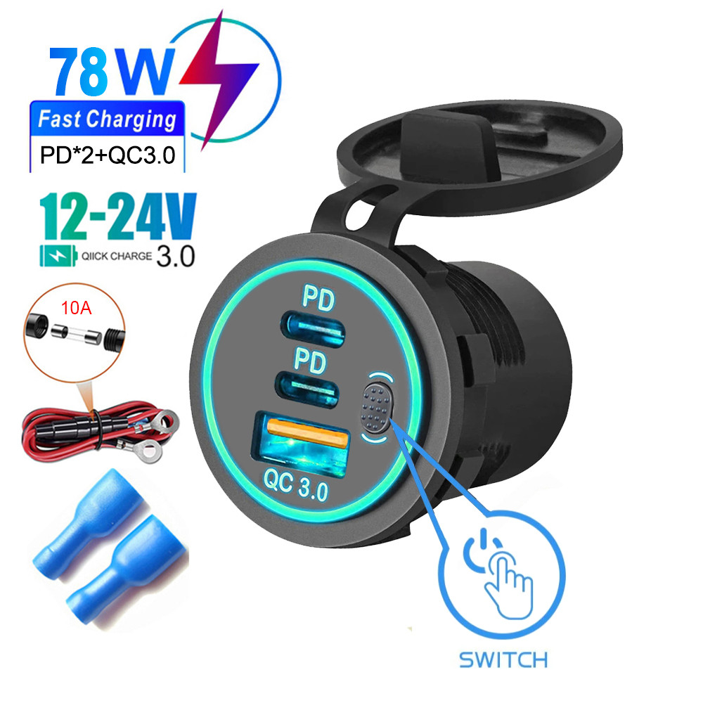 Usb Car Charger Socket 12V USB Outlet 58W RV USB Outlet Dual PD USB-C QC3.0 รถพอร์ต USB พร้อมสวิตช์ปุ่มสําหรับรถยนต์ RV เรือ