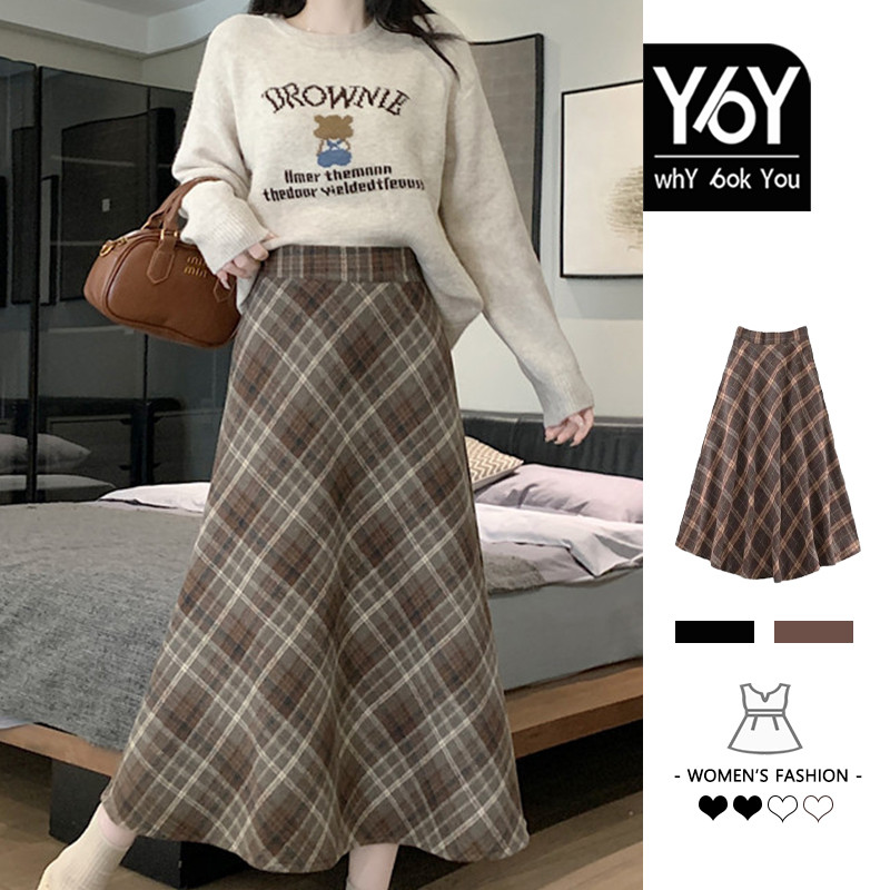 Y6y French Retro Coffee Color Checked High เอว Ladies Skirt C34KG803 (สีกาแฟ)