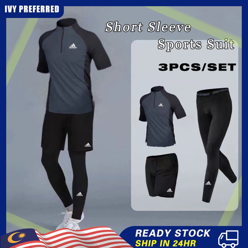 3PCDS/SETMens ชุดกีฬาแขนสั้นแห้งพอดีชุดกีฬาแน่นกางเกงขายาวกลางคอปกแขนสั้นjerseyกางเกงขาสั้นสบายๆยิมฟิตเนสtracksuitบาสเกตบอลวิ่งรถไฟสวมใส่