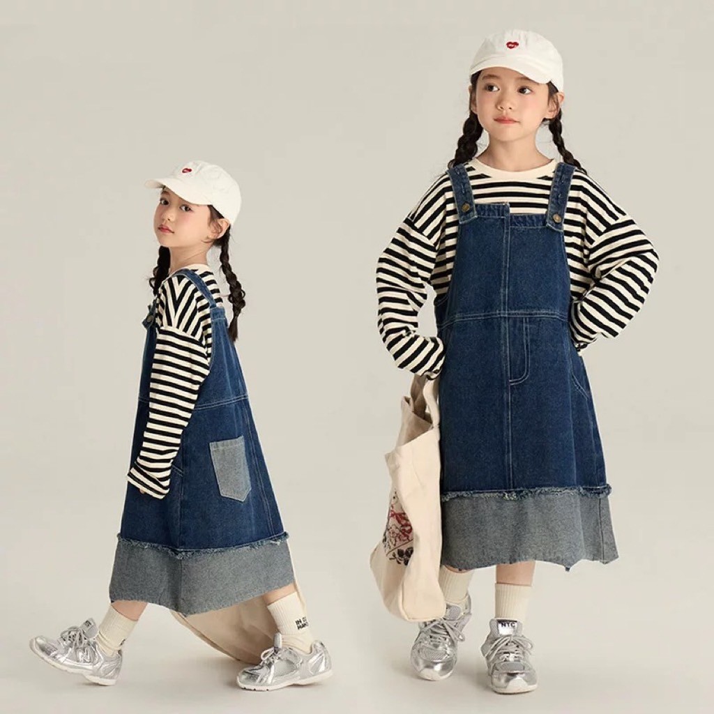 PRETTY BABY พร้อมส่ง เสื้อแขนยาว ปักหัวใจ เอี๊ยมกระโปรงยีนส์ แฟชั่นเด็ก (1332)(งานแยกชิ้น)