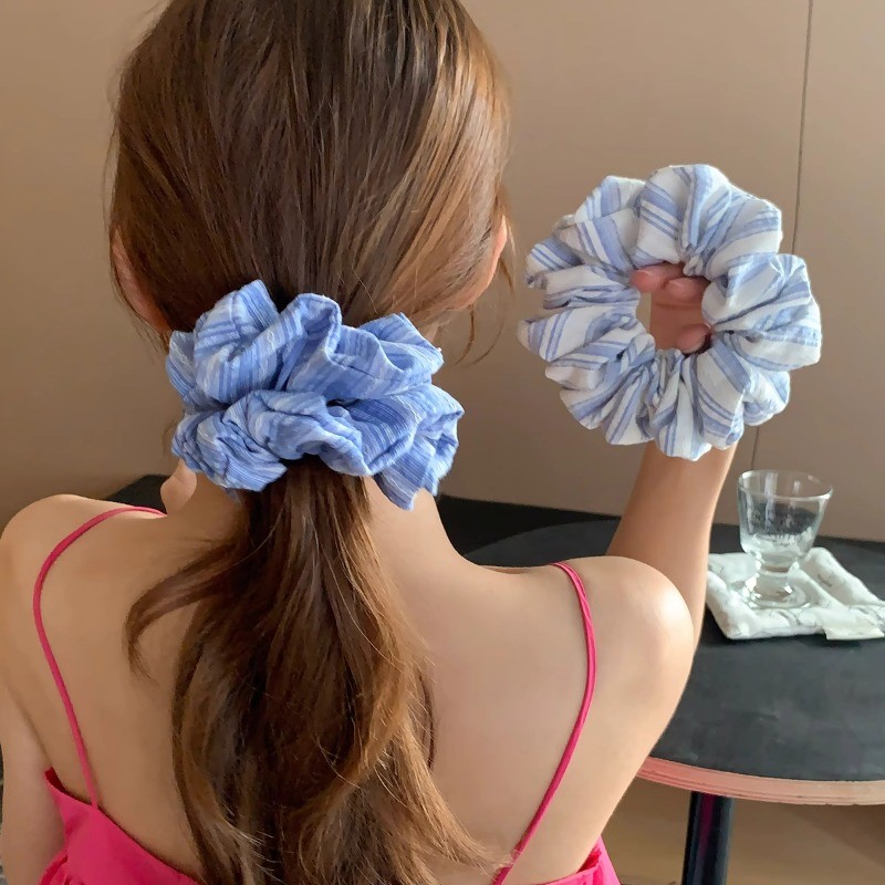 เกาหลีวินเทจสีฟ้าลายหางม้า Scrunchies เชือกผูกผมเครื่องประดับผม