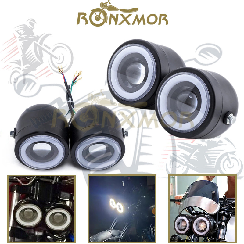 Ronxmor รถจักรยานยนต์ 2 ชิ้น Retro Double Eyed ไฟหน้ารอบ Angel Eyes สําหรับ CG125 ไฟหน้าแสงสีขาวสีดํา Shell อุปกรณ์เสริมรถจักรยานยนต์ Street Bike ไฟหน้า
