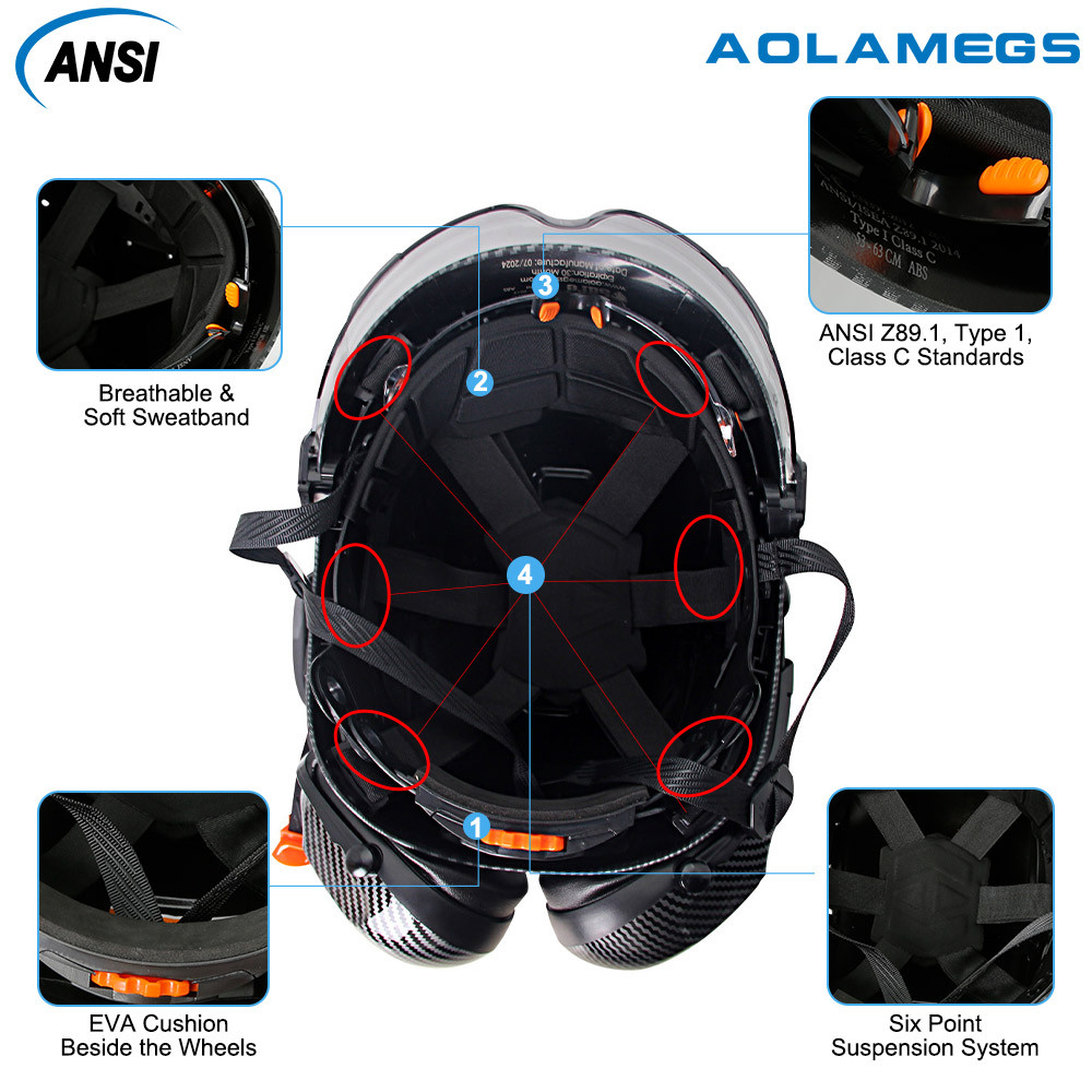 AOLAMEGS แว่นตาคู่คาร์บอนไฟเบอร์ความปลอดภัยหมวกคาร์บอนไฟเบอร์ปิดหูสติกเกอร์สะท้อนแสง CE ANSI