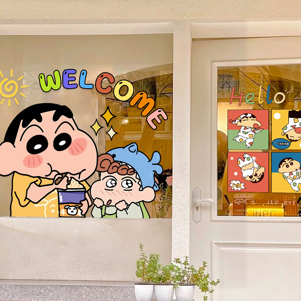 ยินดีต้อนรับ สติ๊กเกอร์ลายเครยอนชินจังร้านชานมคาเฟ่ร้านเด็กอนุบาลห้องร้านกระจกหน้าต่างสติกเกอร์สติกเกอร์ประตู