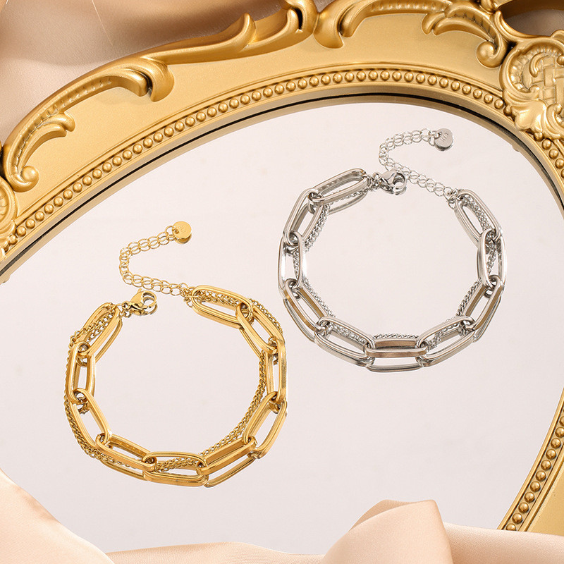 ยุโรปอเมริกันหนาโซ่สร้อยข้อมือสองชั้นหญิงเหล็กไทเทเนียม 18K Gold Electroplating Anti-Fade แฟชั่น Classy