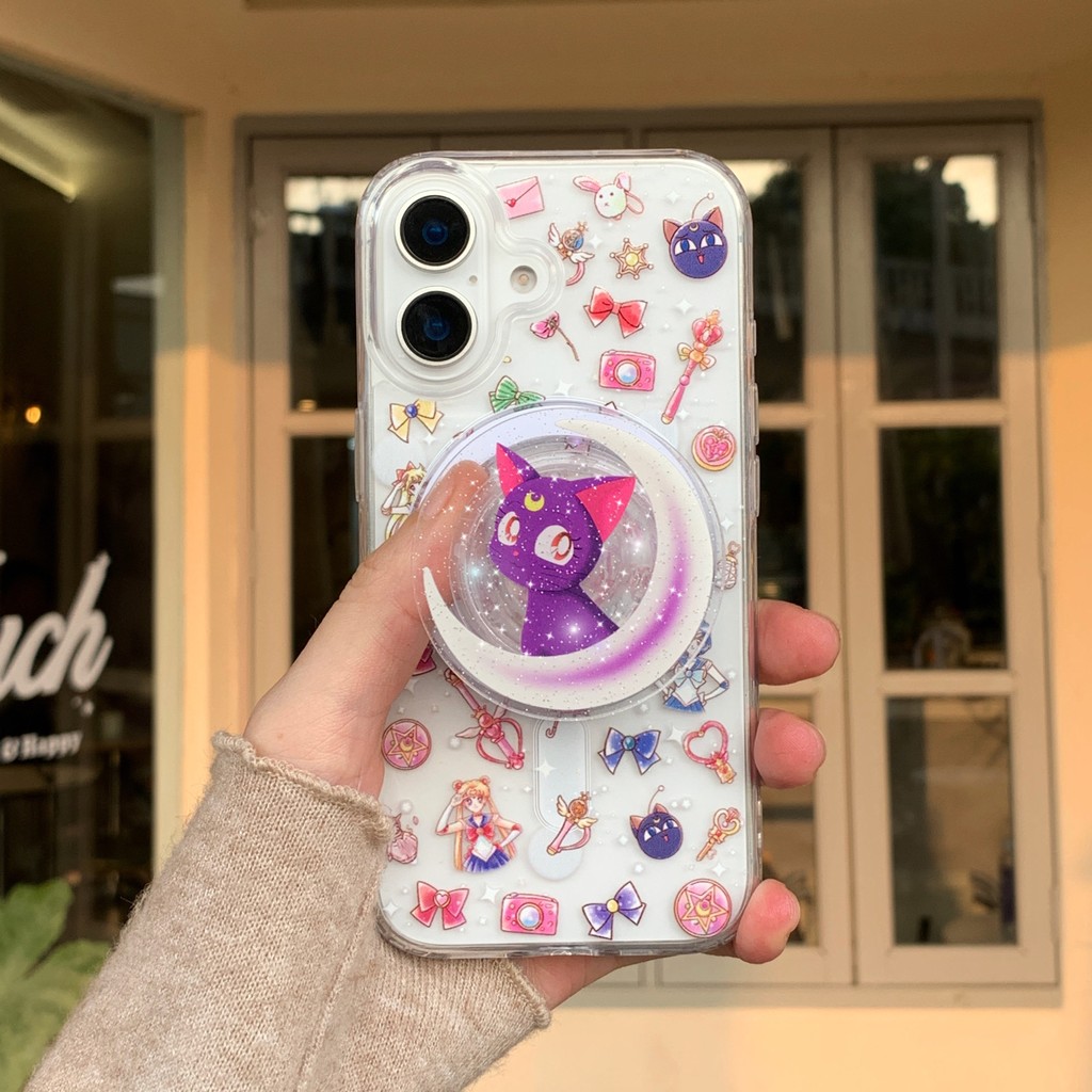 เซเลอร์มูนแม่เหล็กดึงดูดglitter Bracket Hardอะคริลิคกันกระแทกเคสโทรศัพท์สําหรับIPhone 11 12 13 14 15 16 Pro Maxปกหลัง