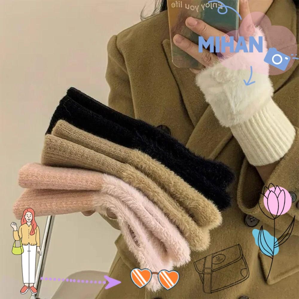 เดือน ถุงมือครึ่งนิ้ว, ถุงมือขนแกะขนมิงค์ถักผ้ากํามะหยี่นุ่ม, ถุงมือถักนิตติ้งฤดูหนาวที่อบอุ่นกีฬากลางแจ้ง