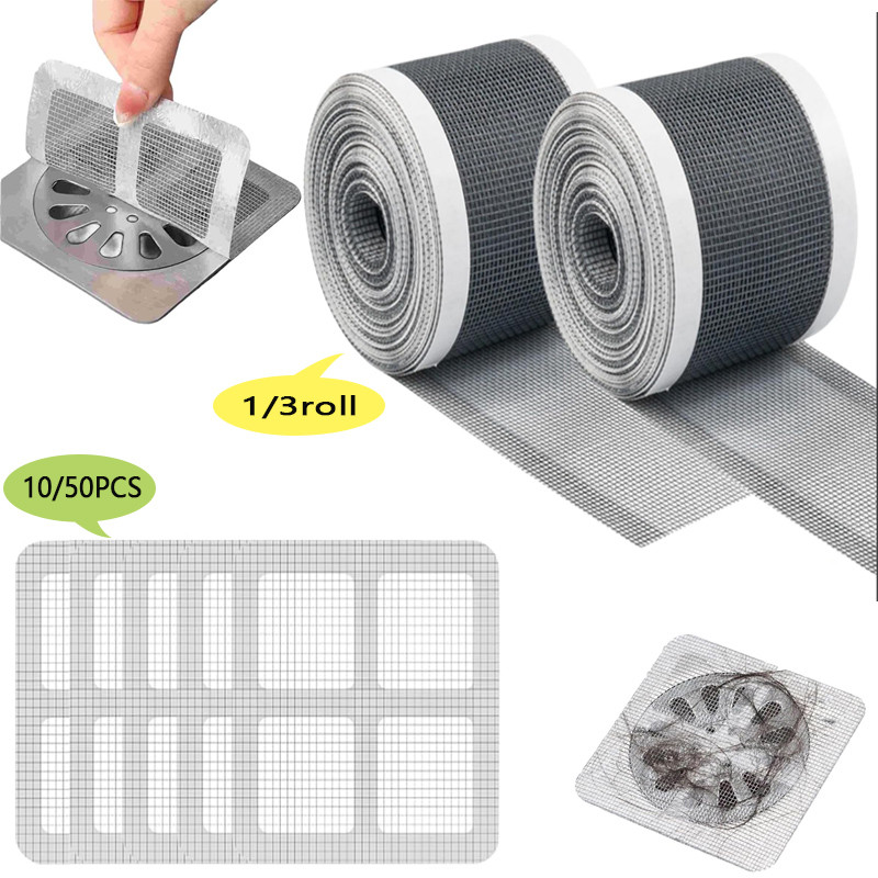 1-3 rolls of stickable shower drain hair catcher rectangular square self-adhesive floor drain sticker disposable bathroom mesh sink filter