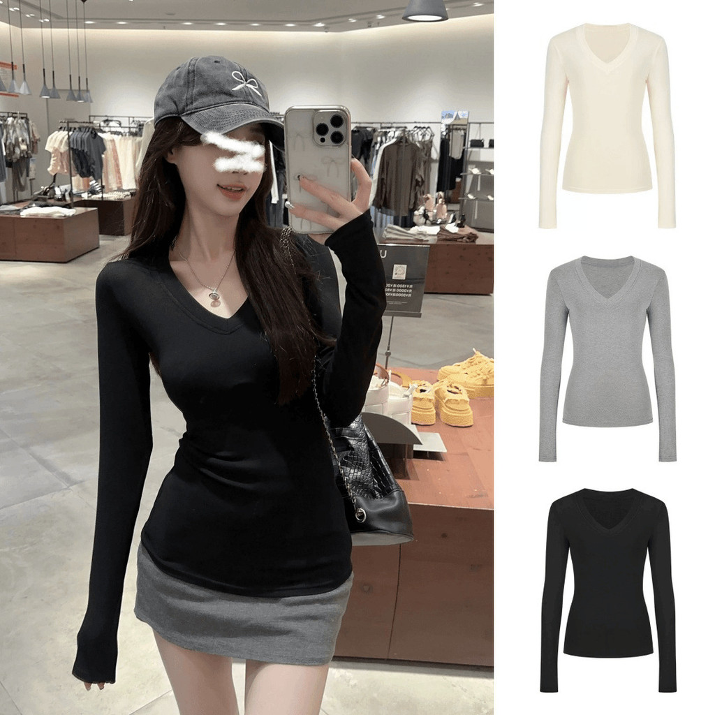 【WJZ】ผู้หญิงแฟชั่นคอวีสีทึบแขนยาวความร้อนด้านบน【T301】