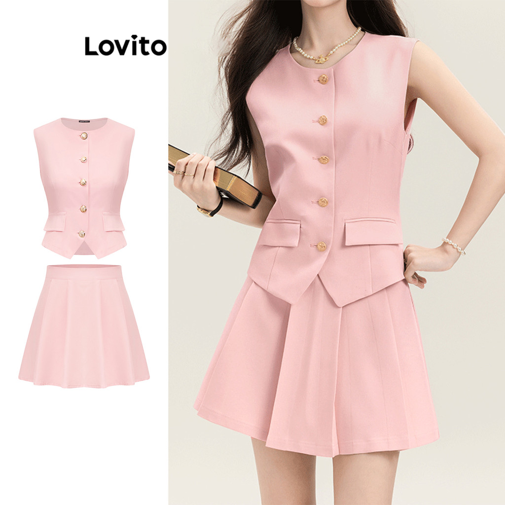 Lovito ชุดกระโปรงจีบสำหรับผู้หญิงหรูหราธรรมดากระเป๋าปลอมจีบกระโปรงสำหรับผู้หญิง L105MD706