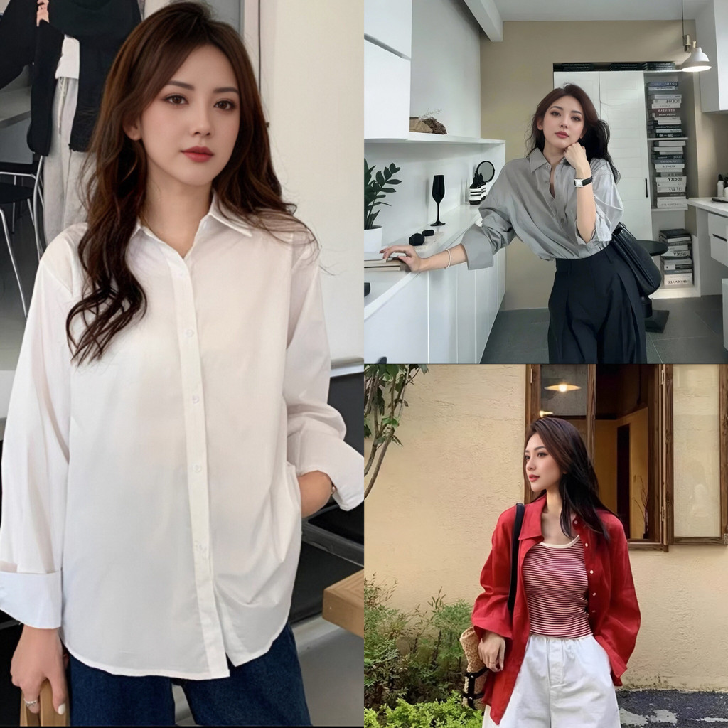 เสื้อเชิ้ตแขนยาวทรงสวยคอปกสีเรียบง่าย เหมาะสำหรับสาวๆ ที่รักความเรียบหรู