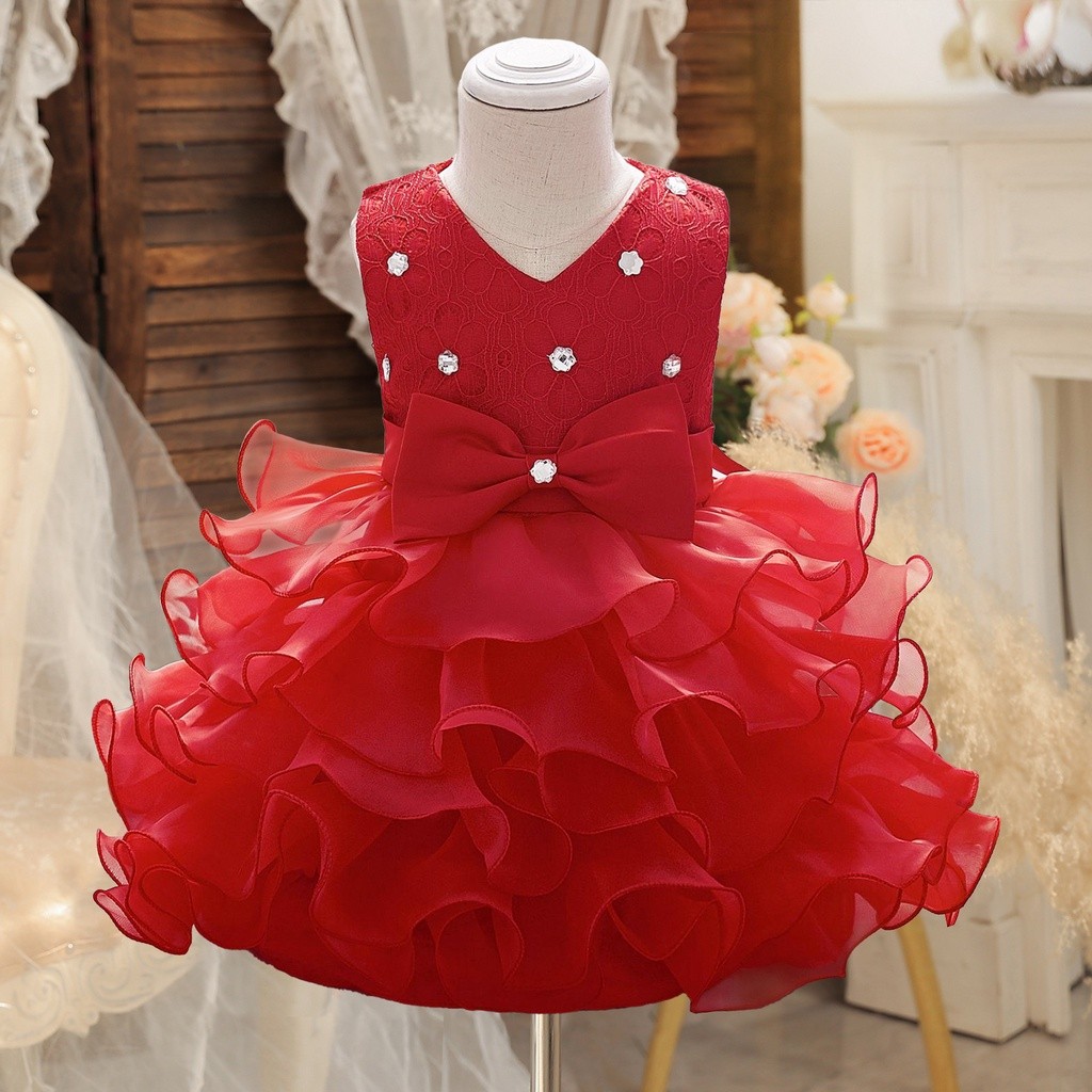 Nnjxd 1-8ปี สีแดงเสน่ห์ชุดสาวประดับด้วยลูกปัดเด็กชุดสําหรับสาวเด็กเครื่องแต่งกายคริสต์มาสพรรคชุดดอกไม้ชุดแต่งงาน
