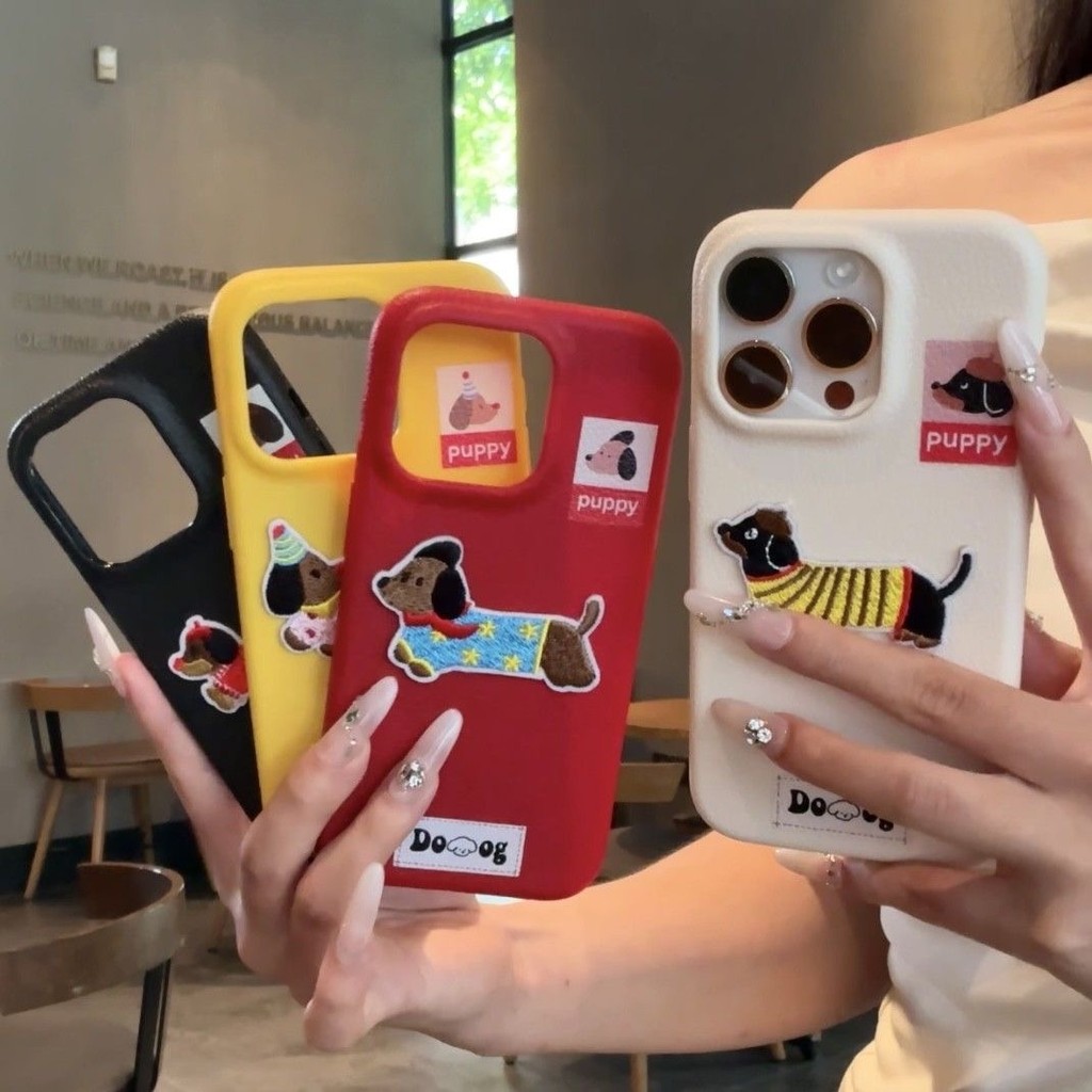 สุนัขไส้กรอกปักเหมาะสําหรับเคสโทรศัพท์ Apple 16pro/15promax 13/14promax/12/11 ลายหนัง