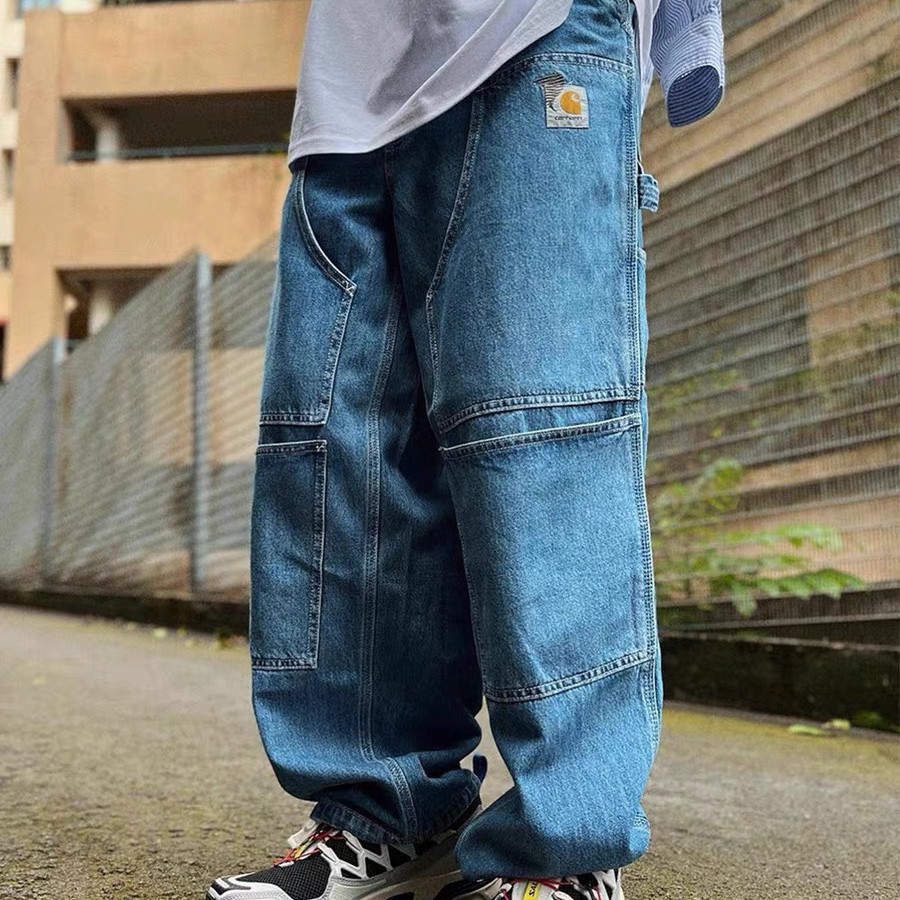 carhartt WIP 24SS โครงสร้างเข่าคู่ Universal Retro Heavy Industry ที่กําหนดเองล้างกางเกงยีนส์วงยืดหยุ่น