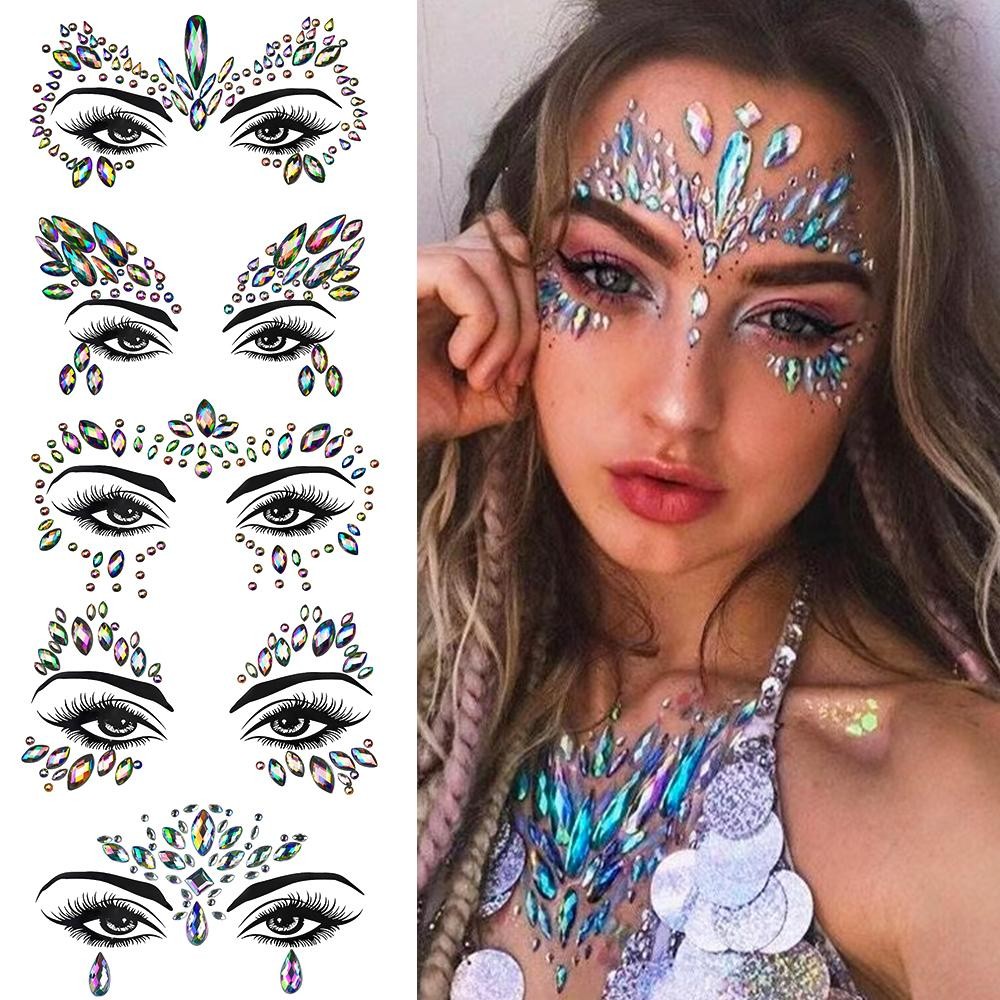Face Tattoo สติกเกอร์ 3D Glitter คริสตัล เพชร สำหรับ Holiday Party และการแต่งหน้า
