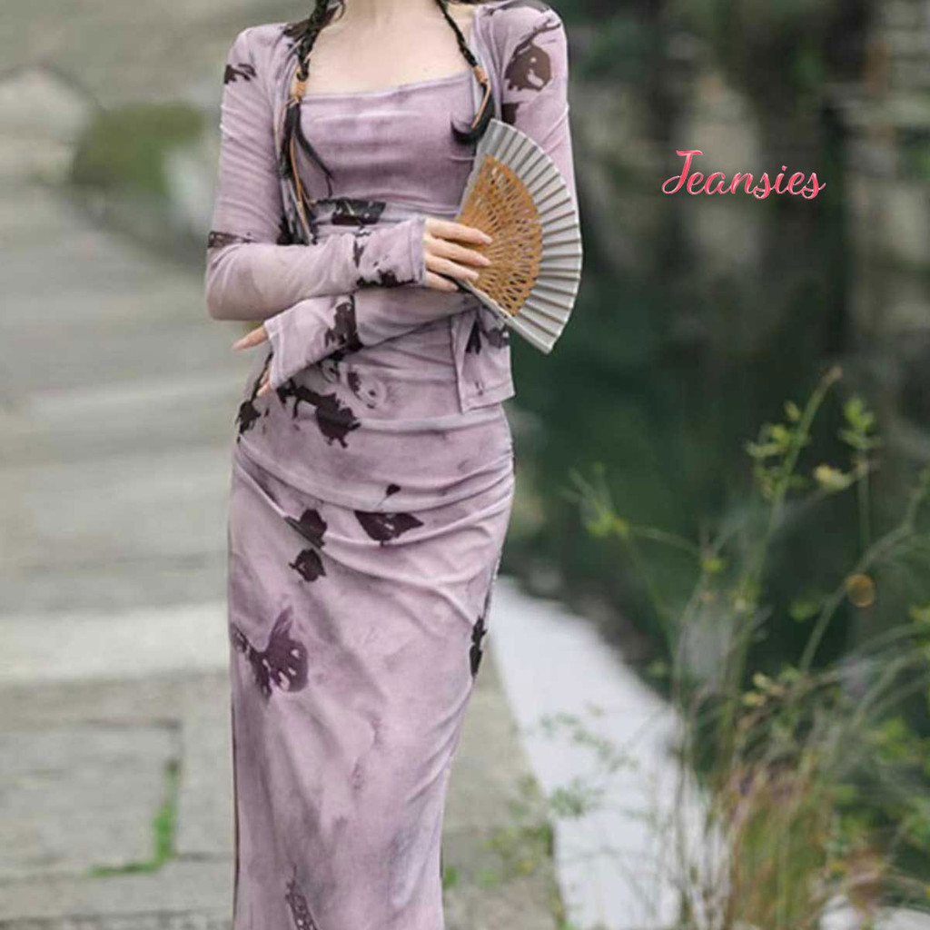 ชุดเซ็ทแขนกุด สไตล์ฝรั่งเศส สีม่วง  ทรงหรูหรา