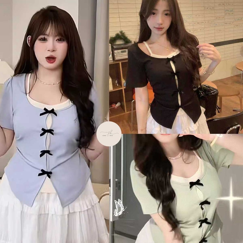 เสื้อยืดแขนสั้น ดีไซน์ผูกโบว์ ทรงสวย กระชับหุ่น