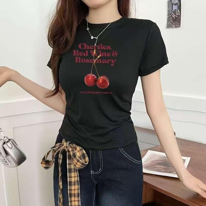 G01-10 เสื้อยืดสีดำ แขนสั้นพิมพ์ลายเชอรี่ สุดน่ารัก แนวเกาหลี หลายไซส์ ผ้านิ่มสวมใส่สบาย ใส่ได้ทุกโอกาส ราคาถูก