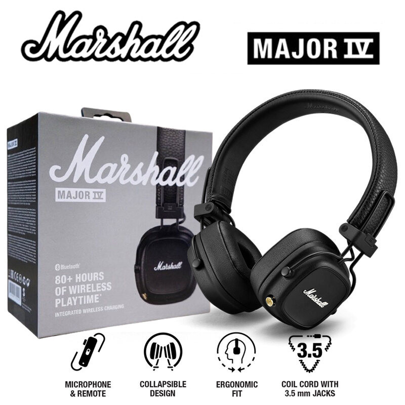 Mashall Major IV หูฟังไร้สายพร้อมไมโครโฟน เวลาเล่นไร้สายมากกว่า 80+ ชั่วโมง]Major IV ให้เวลาเล่นไร้ส