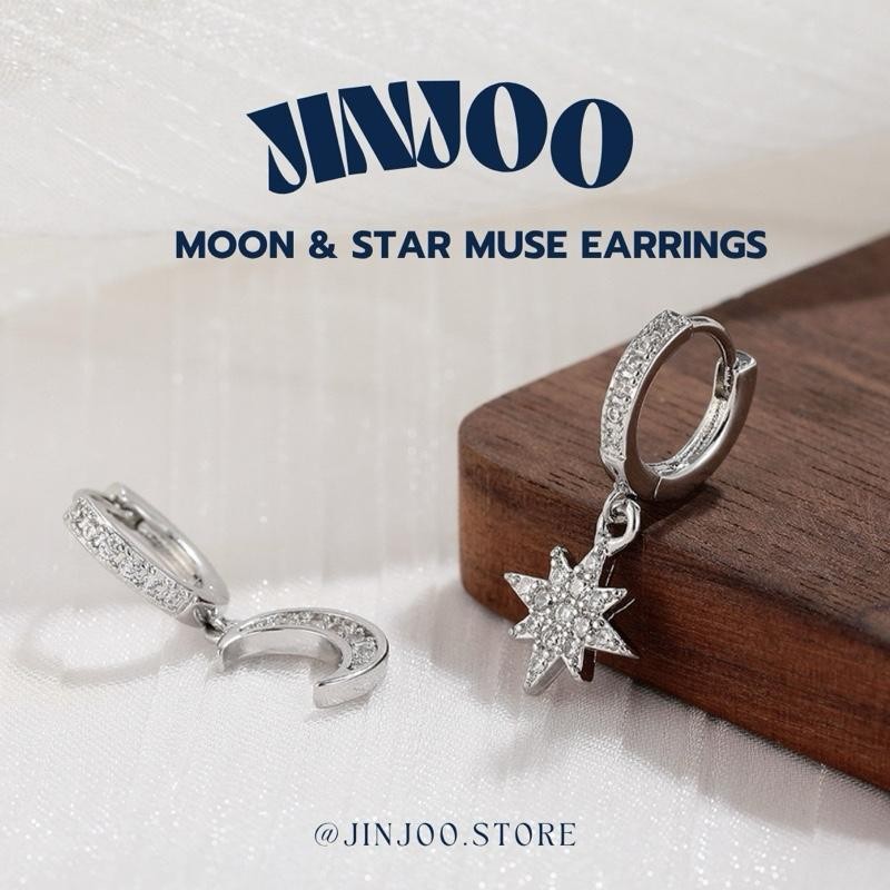 Jinjoo ต่างหูห่วงดาวพระจันทร์ รุ่น Moon & Star Muse ห่วงขนาด 8 mm. จี้พระจันทร์เสี้ยวและดาวแปดแฉก รหัส H12