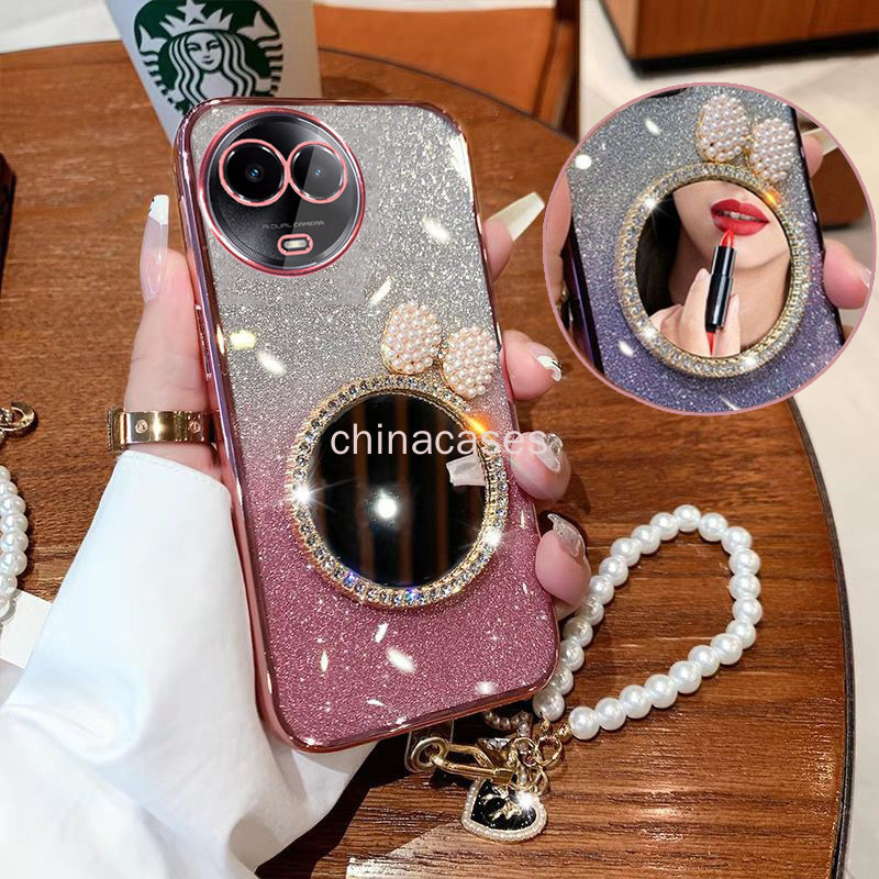 Realme 11 4G 5G 11X 5G 11 Pro Realme 10 12X Pro Plus C65 C67 เคสโทรศัพท์ฝาครอบโปร่งใส Shell pearl bow กระจกแต่งหน้าพร้อมสร้อยข้อมือปลอก