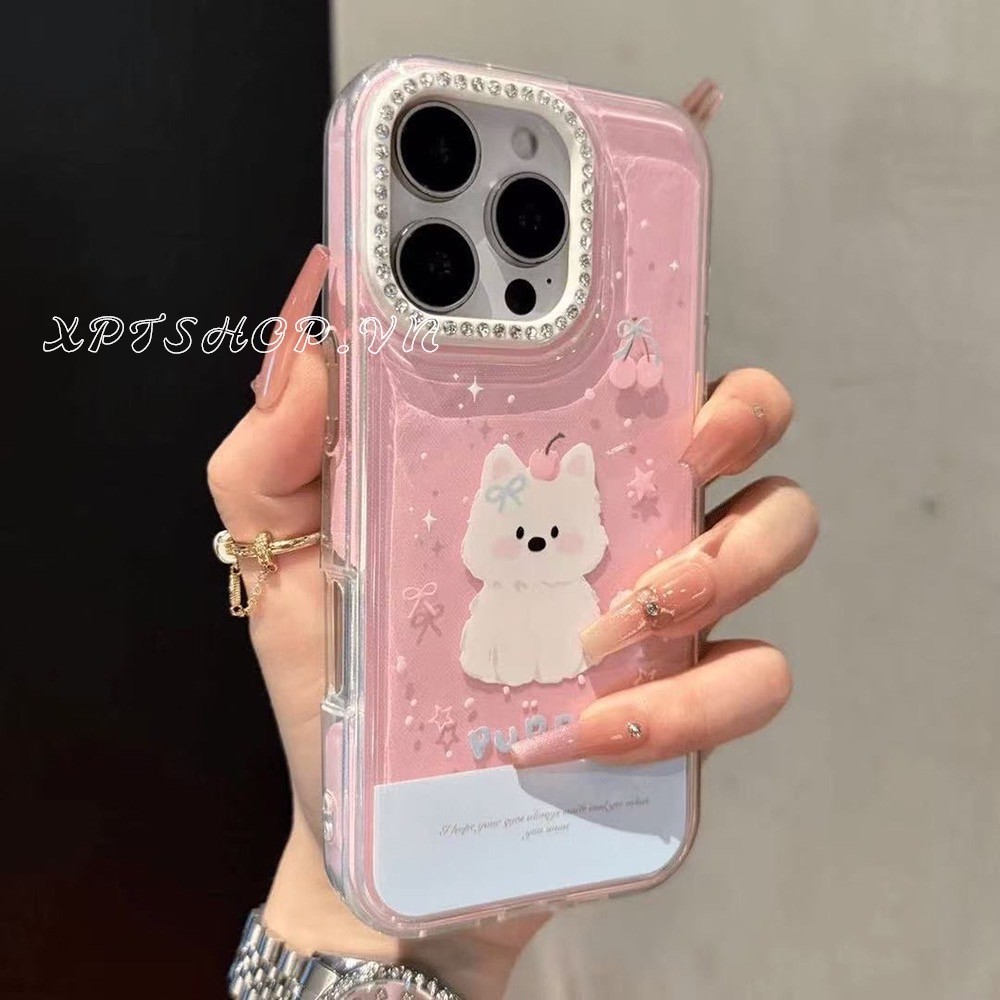เคสโทรศัพท์อะคริลิกน่ารักรูปสุนัขเพชร กันกระแทก สำหรับ iPhone 16 Pro Max / 15 / 14 / 13