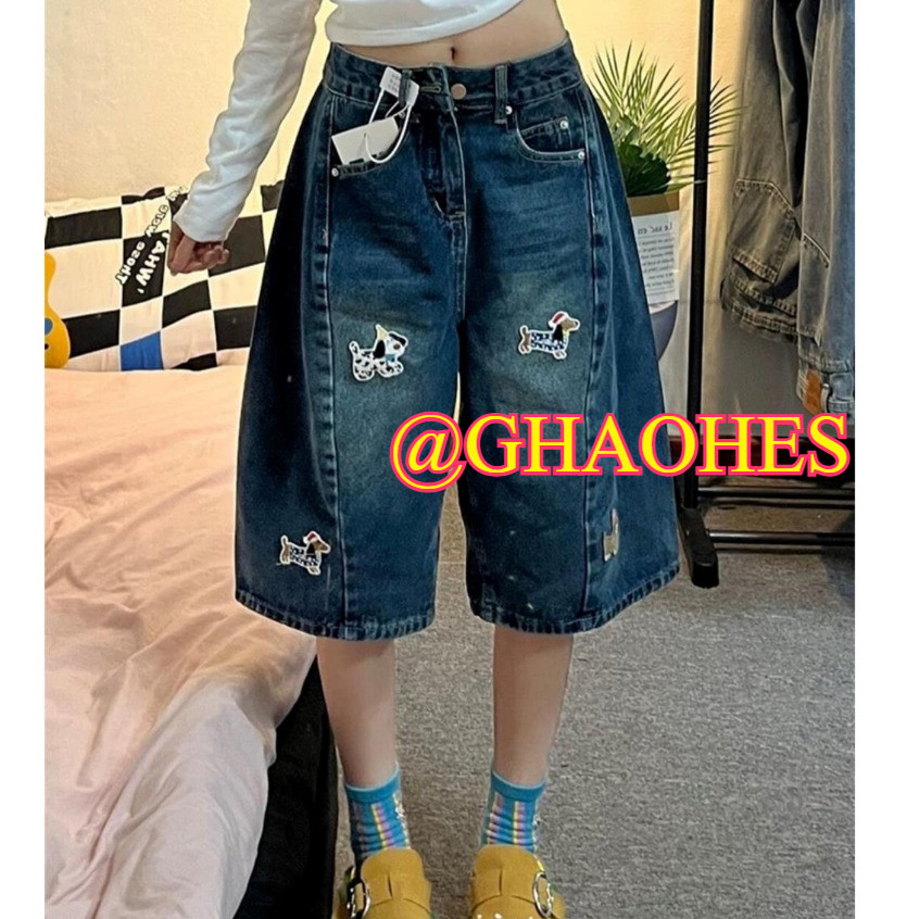 GHAOHES  กางเกงยีนส์การออกแบบถักร้อยรูปหมา รุ่นบางฤดูร้อนแฟชั่น กางเกงมิติขากว้างทรงหลวม(V117)