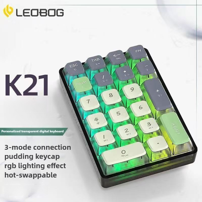 LEOBOG K21 บลูทูธหมายเลข Pad แป้นพิมพ์ตัวเลขแบบกลไก 21 คีย์โปร่งใส Photoshop Accounting Numpad คีย์บอร์ดเกม