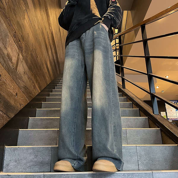 กางเกงยีน baggy jeans หญิง กางเกงยีนส์ผู้ชายสไตล์เรโทรดิสทRESSED ทรงหลวมขาตรง ใส่ง่ายทุกวัน