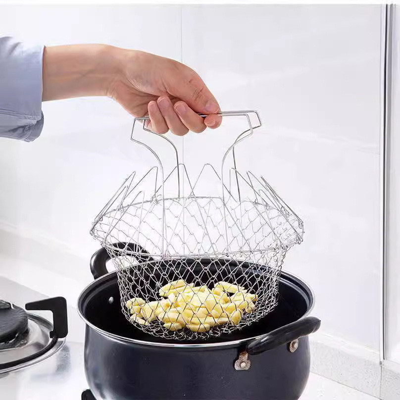 New Product#Stainless Steel Folding Frying Basket Household Frying Oil Filter Net Multi-Functional F