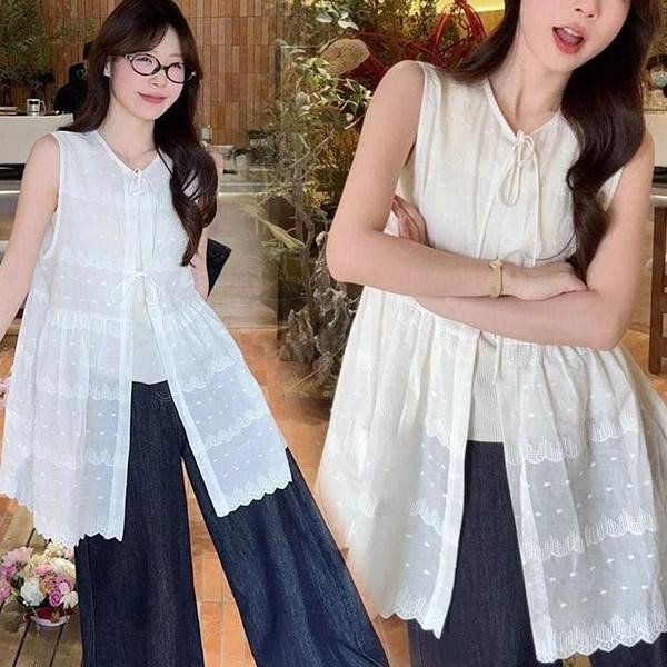 Mimi&didi#ชุดเสื้อกั๊กปกปิด เนคไทฝรั่งเศส เดรสทรงหลวม คอกลม แขนกุด เหมาะสำหรับฤดูใบไม้ผลิ หวานและเผ็ดสำหรับผู้หญิง#99109