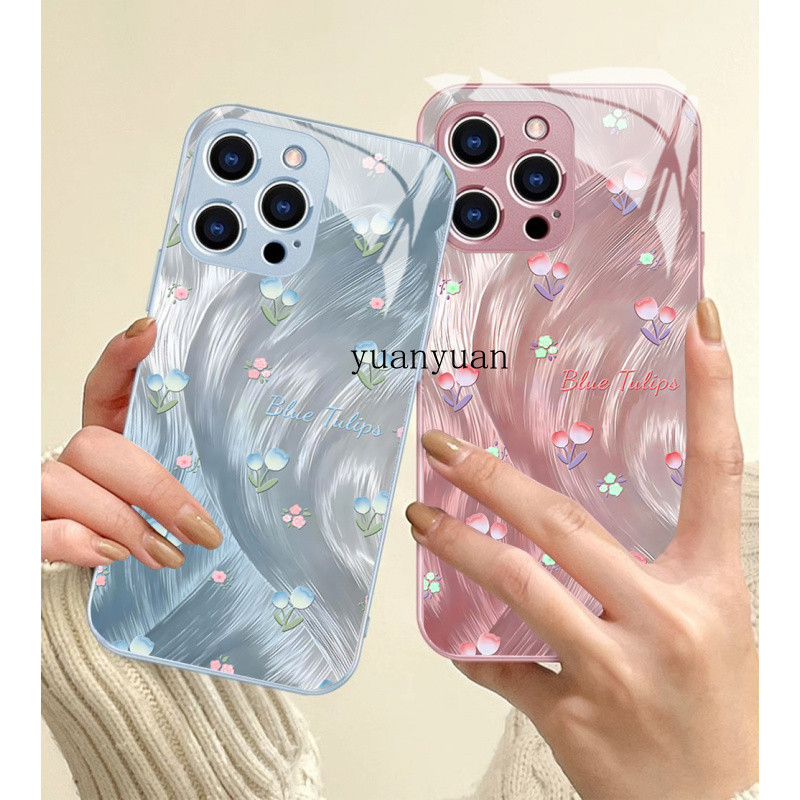 Gilt Tulip Flower Metal Lacquer Glass เหมาะสําหรับ iPhone 16e 16 15 pro max เคสโทรศัพท์ 14 pl 13 12 