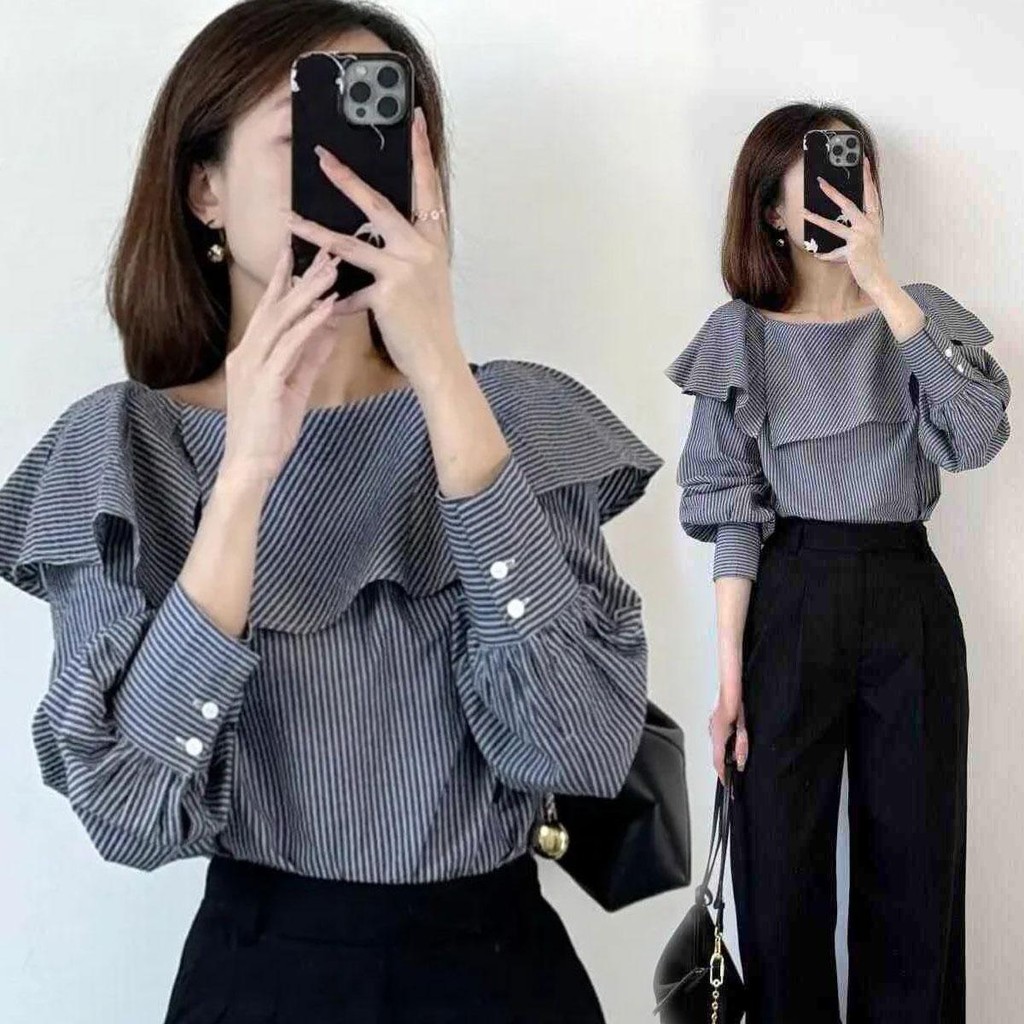 Dahong 99106 เสื้อเชิ้ตแขนยาวผู้หญิงสไตล์เกาหลี แต่งระบาย  Oversize ลายทางริ้วเล็ก เนื้อผ้าคอตตอลอย่างดี งานดี ใส่สบาย