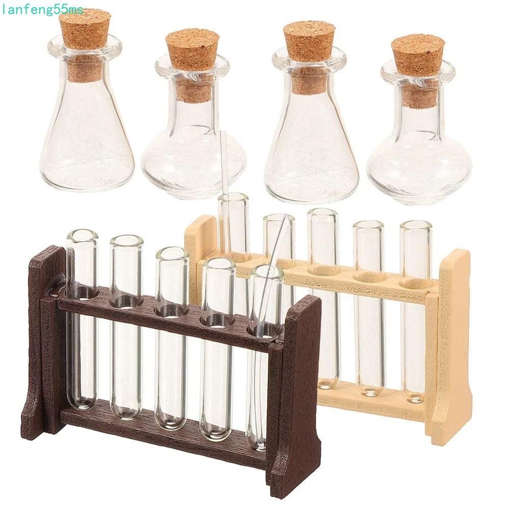 LANFENG Dollhouse Mini Glass Test Tube Set, 1:12 Dollhouse With Wooden Rack Simulation Glass Test Tu