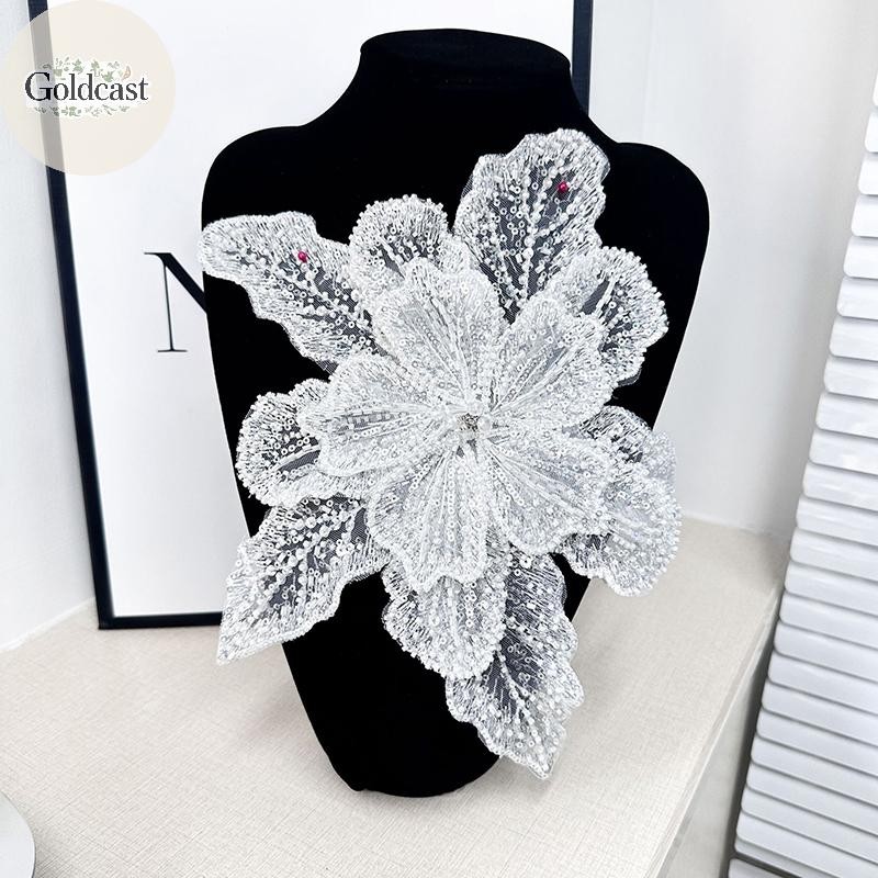 ตัวประดับชุดแต่งงานแบบ Applique เพชรเลื่อมและลูกปัด สีขาวสำหรับปัก DIY และตกแต่งเสื้อผ้า