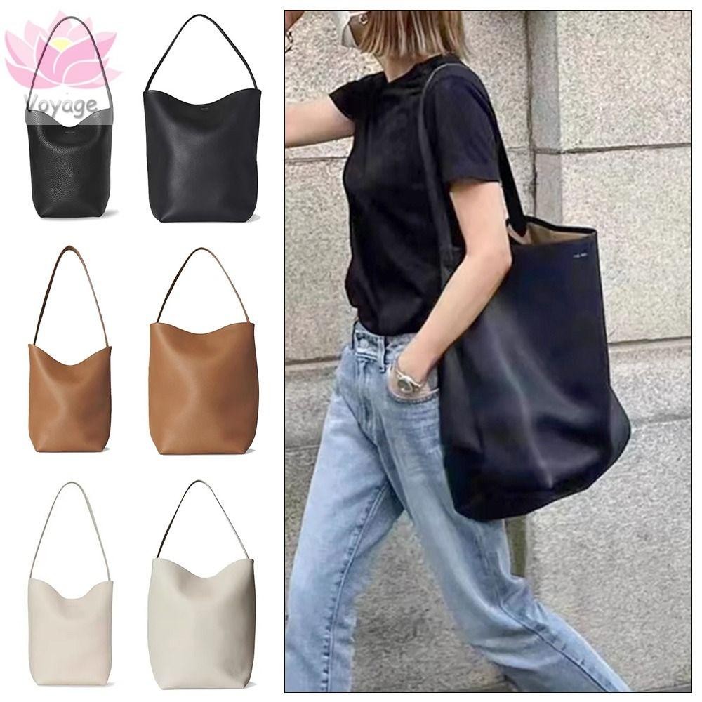 Voyager 1 ชิ้นกระเป๋าถัง,กระเป๋าสะพายหนังแท้ความจุขนาดใหญ่,ลายลิ้นจี่ M/L The Row Tote Bag