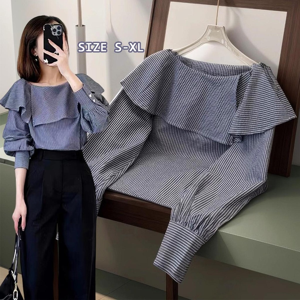Chili Koko เสื้อเชิ้ตลายทางสำหรับผู้หญิง ดีไซน์ใหม่ ขอบระบาย ท็อปสวย ทันสมัย อเนกประสงค์ เสื้อผ้าผู้หญิง 99106