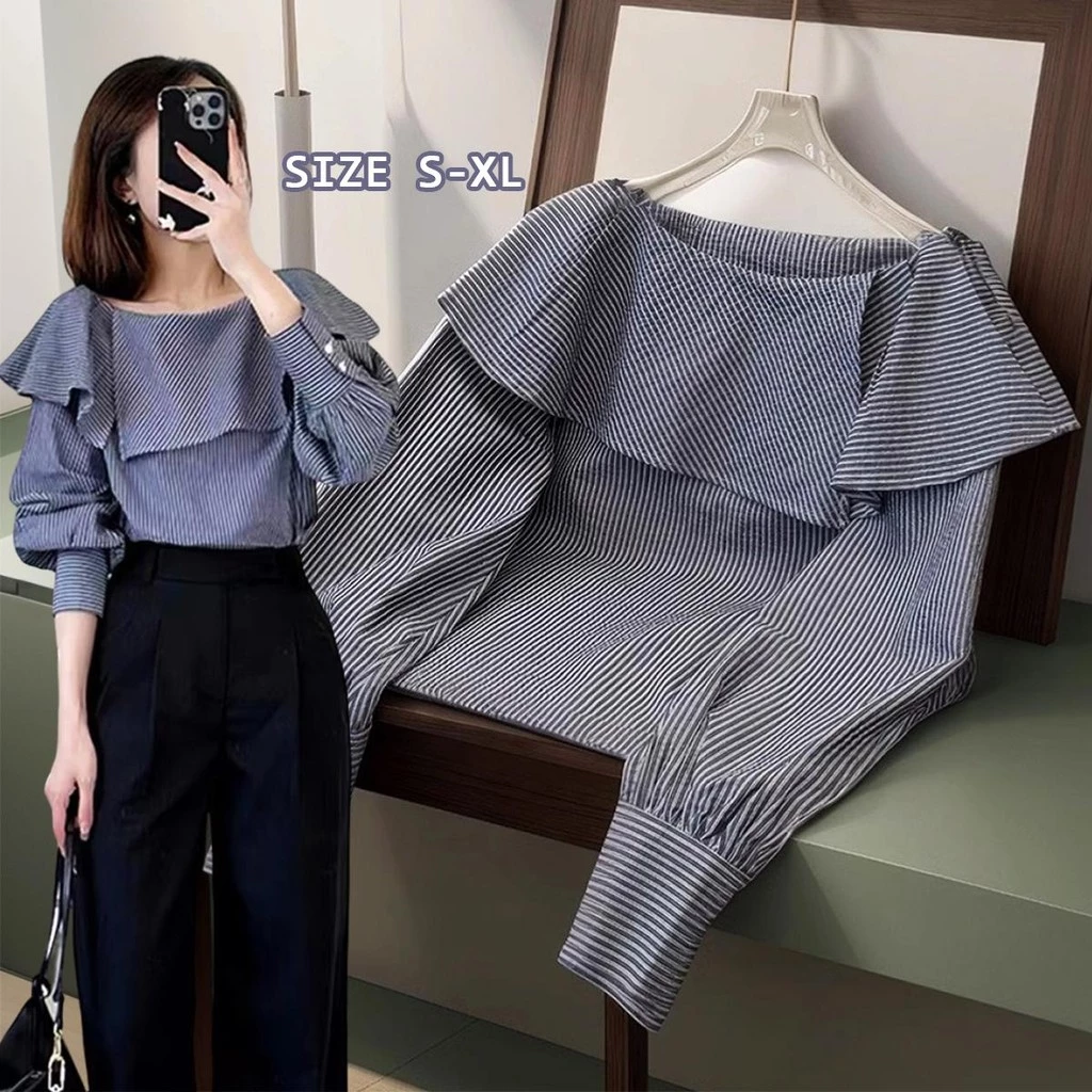 Chili Koko เสื้อเชิ้ตลายทางสำหรับผู้หญิง ดีไซน์ใหม่ ขอบระบาย ท็อปสวย ทันสมัย อเนกประสงค์ เสื้อผ้าผู้หญิง 99106