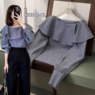 Chili Koko เสื้อเชิ้ตลายทางสำหรับผู้หญิง ดีไซน์ใหม่ ขอบระบาย ท็อปสวย ทันสมัย อเนกประสงค์ เสื้อผ้าผู้หญิง 99106