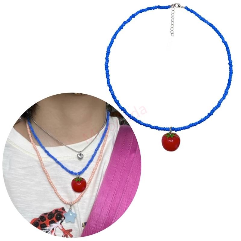 MDD สร้อยคอลูกปัดมะเขือเทศโบฮีเมียปรับความยาวได้สําหรับผู้หญิงฤดูร้อนลูกปัดกระดูกไหปลาร้า