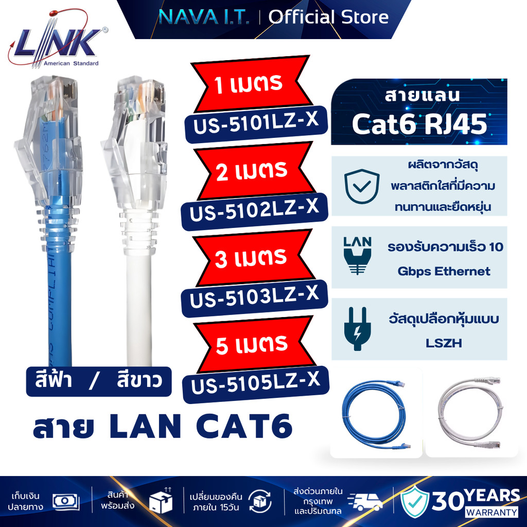 LINK US-5101LZ-X US-5102LZ-X US-5103LZ-X  สีขาว/สีฟ้า มีทุกขนาด CAT6 RJ45 PATCH CORD LSZH LAN CABLE สายแลนคุณภาพดี