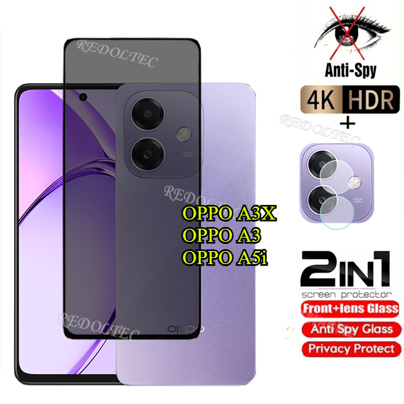 OPPO A3X A3 A5i 5G 4G กระจกนิรภัยส่วนตัว Anti-Spy คลุมทั้งหมดปกป้องหน้าจอ Anti Peek 2in1 ฟิล์มความเป็นส่วนตัว + เลนส์ OPPO A5i A3X A3