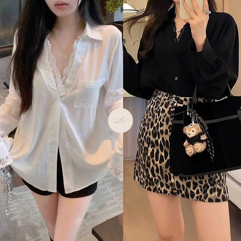 เสื้อเชิ้ตผู้หญิง คอวี แขนยาว สไตล์สุดเก๋
