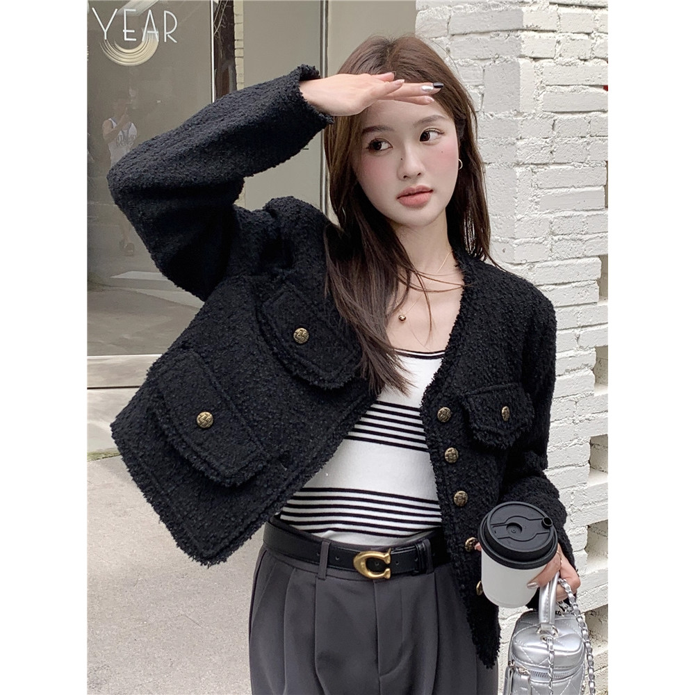 ผู้หญิง สีดํา เสื้อแขนยาว แจ็คเก็ต มีกระเป๋า ทวิต เสื้อคลุม คาร์ดิแกน กระดุม เบลเซอร์ XXL - รูปที่ 5