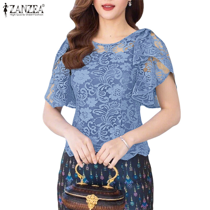 ZANZEA เสื้อลูกไม้โครเชต์สไตล์เกาหลีสำหรับผู้หญิง ดีไซน์หรูหรา พร้อมโบว์ตกแต่ง