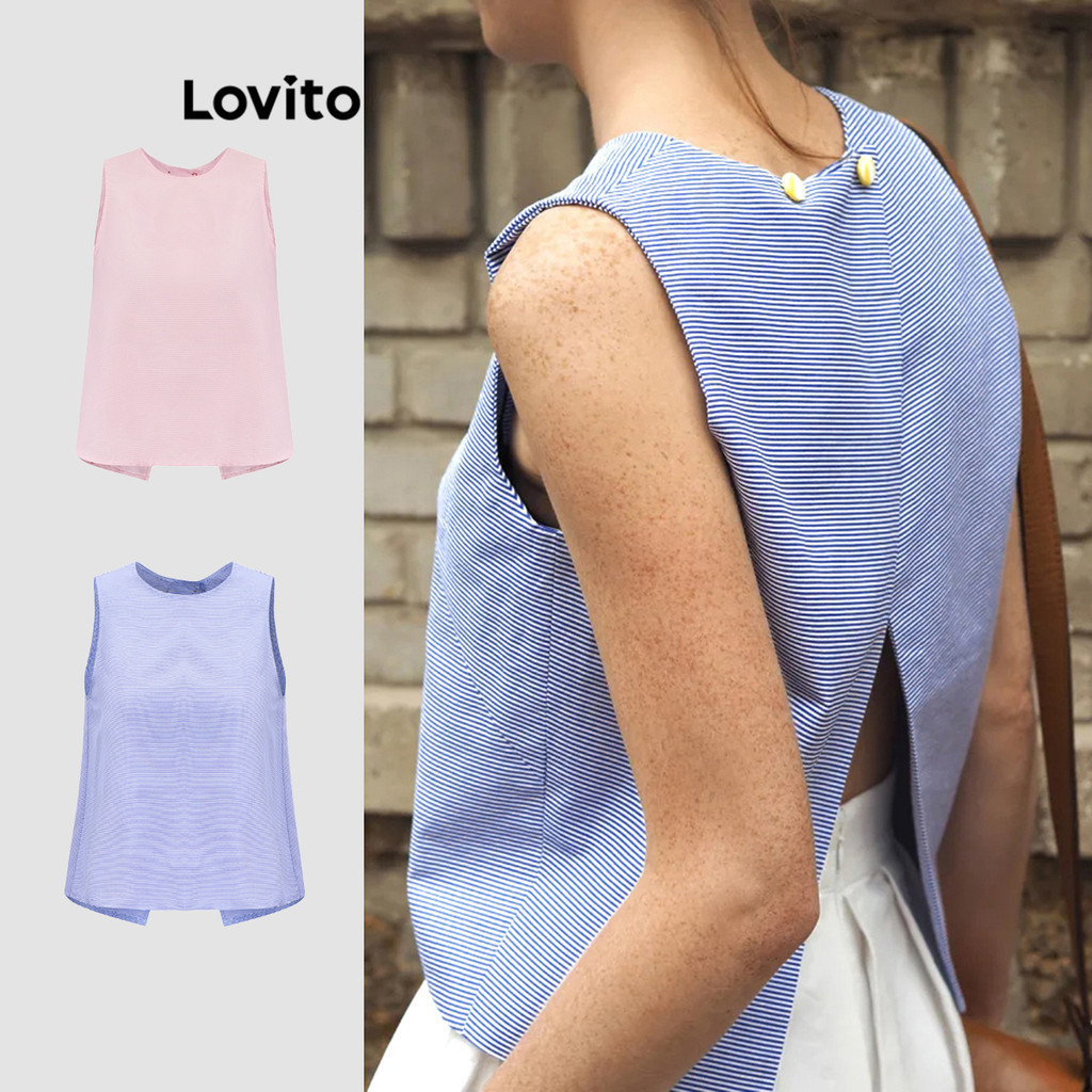 Lovito เสื้อแขนกุดผู้หญิง แต่งผ่าด้านหลัง พิมพ์ลาย สีพื้น สไตล์ลำลอง L83ED260